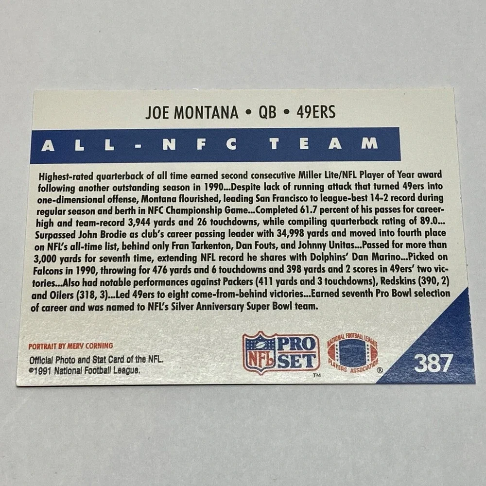 1991 Pro Set Joe Montana Quarterback 49ERS All NFC Team Official‎ NFL Card #387